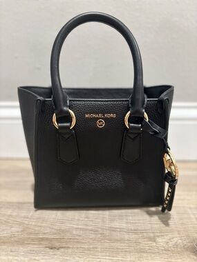 Michael Kors Black Pebbled Leather Satchel with Gold Accents